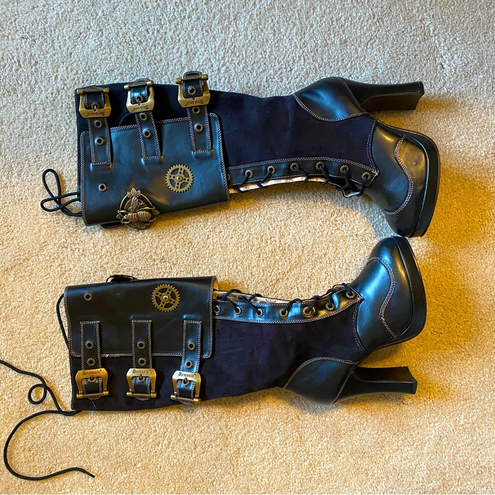 Demonia Black Heeled Boots with Buckle Details